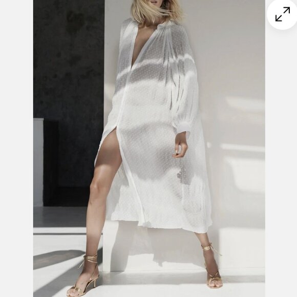 ZARA MIDI DOTTED BUTTON DOWN ROMANTIC KAFTAN DRESS SHEER BALLOON SLEEVES WHITE M - Picture 3 of 11
